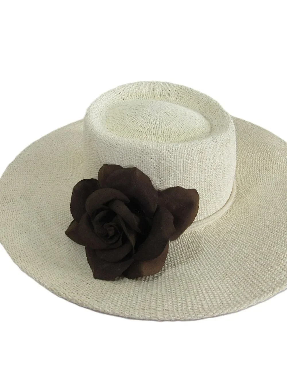 SUPER CUTE WIDE BRIM GOUCHO STYLE FEDORA SUN HAT, CHIN STRING ,BROWN ROSE M/L